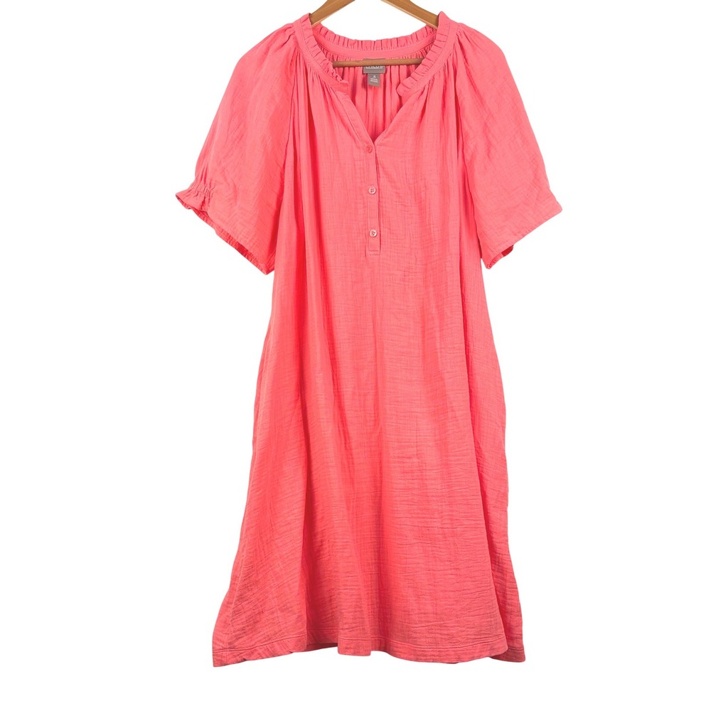 Chicos Coral Pink Gauze A-line Dress Short Sleeve Henley Pockets Sz 3 XL Beach